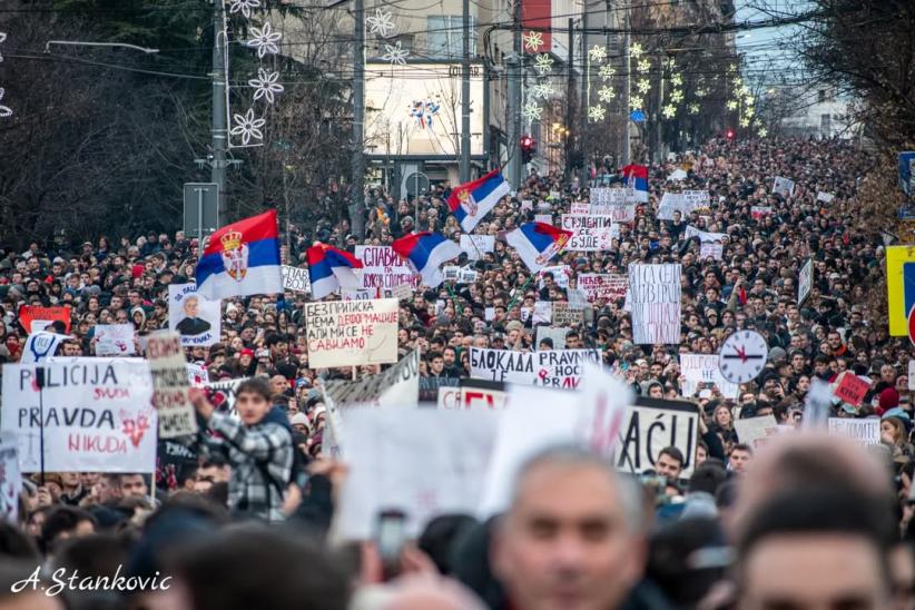 Studentenprotesten in Belgrado, inmiddels in hun vijfde maand.